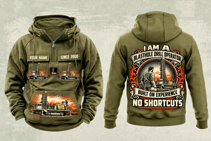 Personalized Pit Viper 271 Blasthole Drill Operator Vintage Hoodie in military-green, front and back artwork with YOUR NAME and SINCE 2000 sample text.