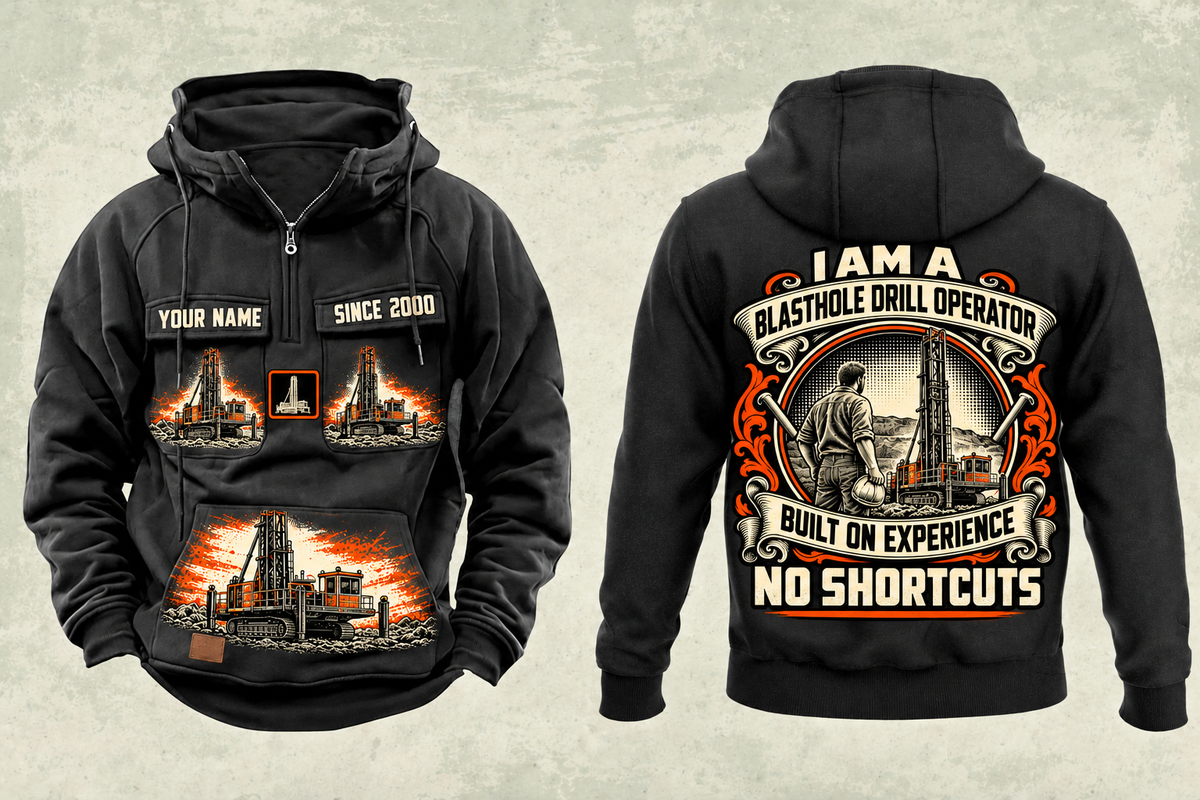 Personalized Pit Viper 351 Blasthole Drill Operator Vintage Hoodie in black, front and back artwork with YOUR NAME and SINCE 2000 sample text.