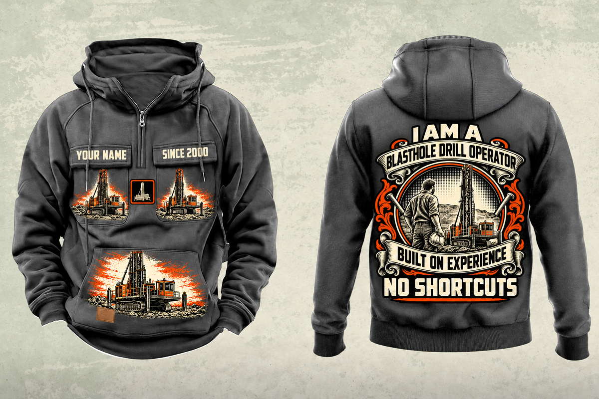Personalized Pit Viper 351 Blasthole Drill Operator Vintage Hoodie in dark-gray, front and back artwork with YOUR NAME and SINCE 2000 sample text.