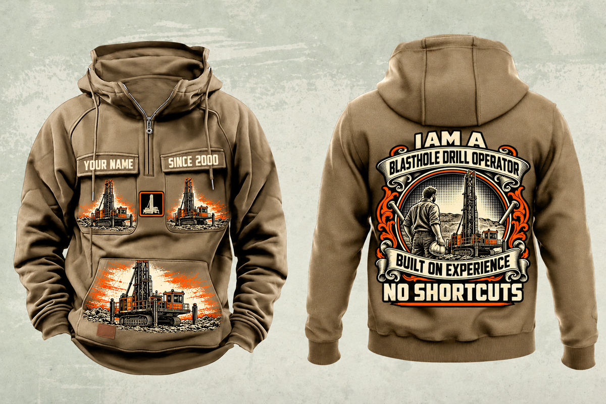 Personalized Pit Viper 351 Blasthole Drill Operator Vintage Hoodie in kaki, front and back artwork with YOUR NAME and SINCE 2000 sample text.