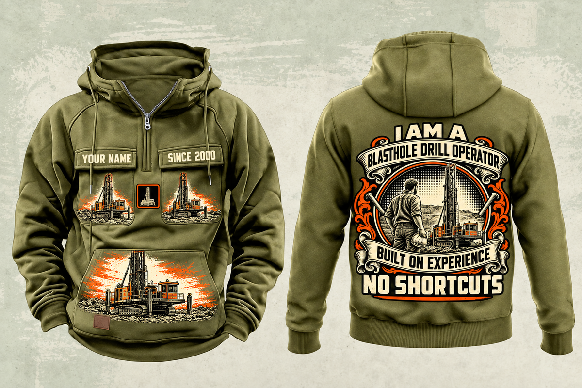 Personalized Pit Viper 351 Blasthole Drill Operator Vintage Hoodie in military-green, front and back artwork with YOUR NAME and SINCE 2000 sample text.