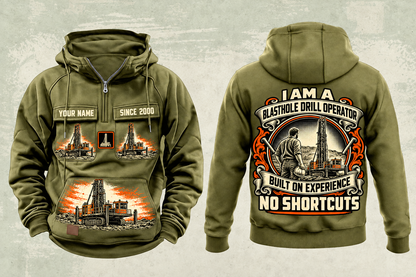 Personalized Pit Viper 351 Blasthole Drill Operator Vintage Hoodie in military-green, front and back artwork with YOUR NAME and SINCE 2000 sample text.