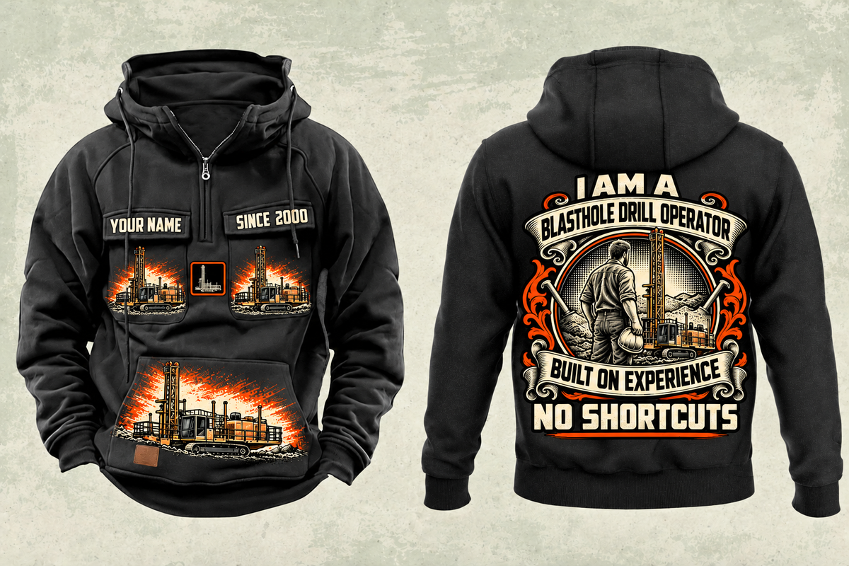 Personalized MD6250 Blasthole Drill Operator Vintage Hoodie in black, front and back artwork with YOUR NAME and SINCE 2000 sample text.
