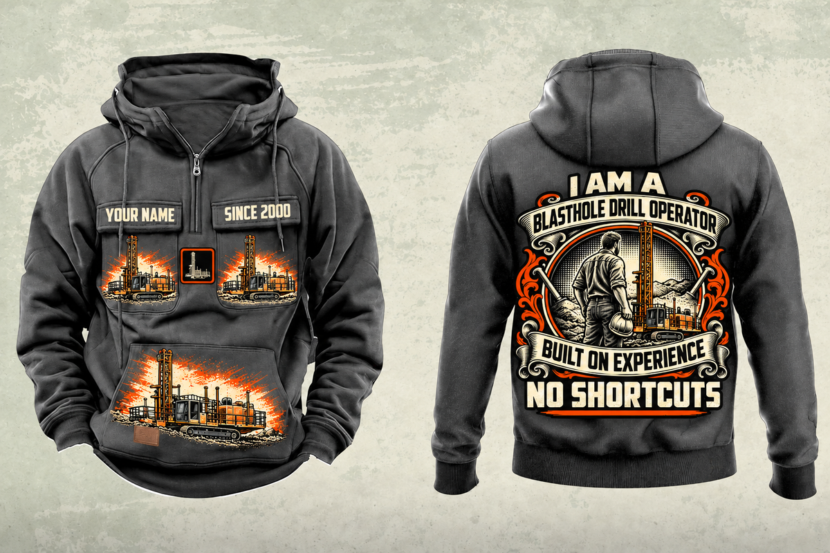 Personalized MD6250 Blasthole Drill Operator Vintage Hoodie in dark-gray, front and back artwork with YOUR NAME and SINCE 2000 sample text.