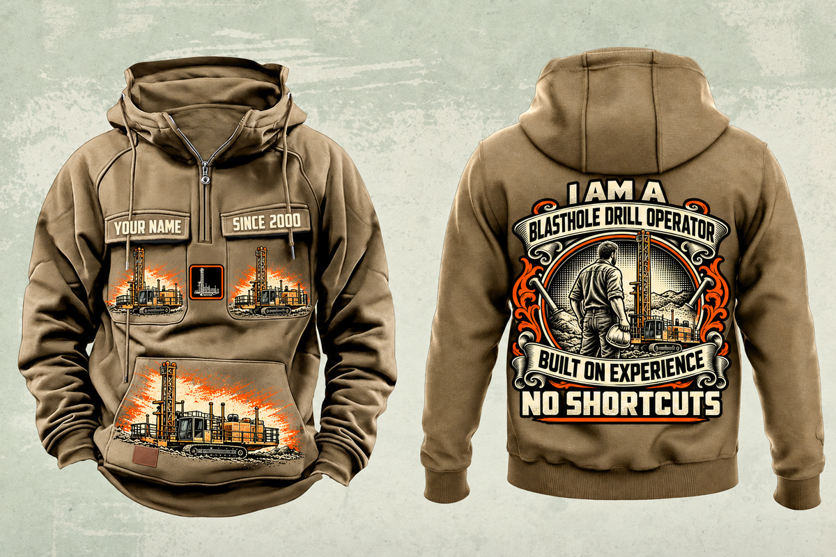 Personalized MD6250 Blasthole Drill Operator Vintage Hoodie in kaki, front and back artwork with YOUR NAME and SINCE 2000 sample text.