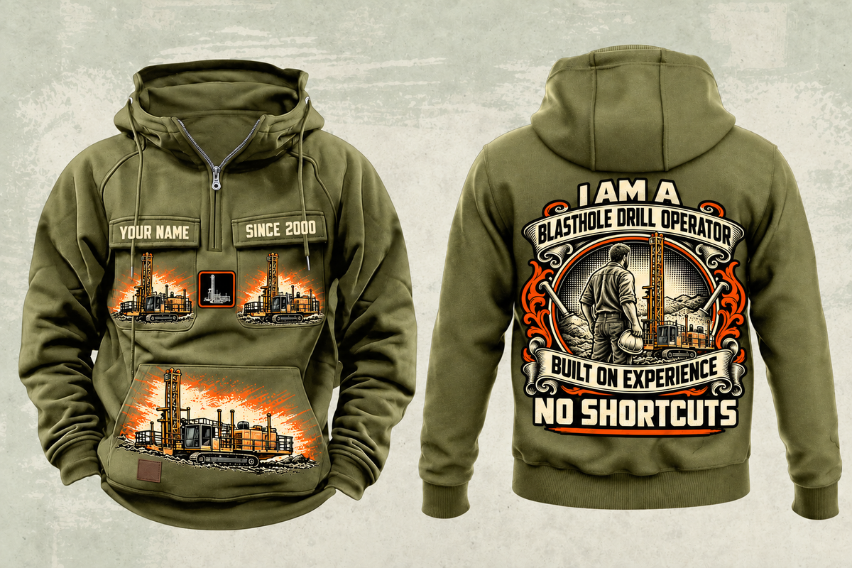 Personalized MD6250 Blasthole Drill Operator Vintage Hoodie in military-green, front and back artwork with YOUR NAME and SINCE 2000 sample text.