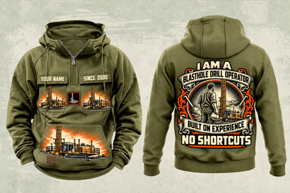 Personalized MD6250 Blasthole Drill Operator Vintage Hoodie in military-green, front and back artwork with YOUR NAME and SINCE 2000 sample text.