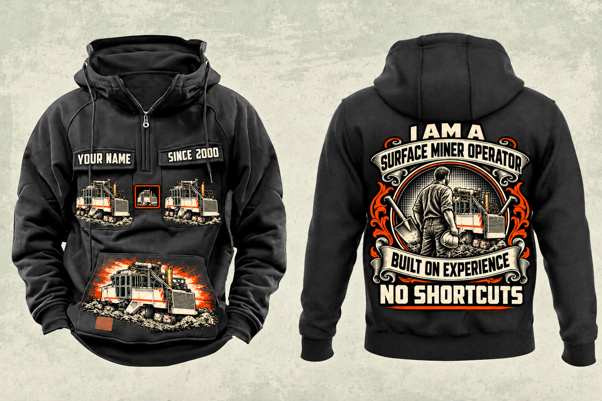 Personalized 2200 SM Surface Miner Vintage Hoodie in black, front and back artwork with YOUR NAME and SINCE 2000 sample text.