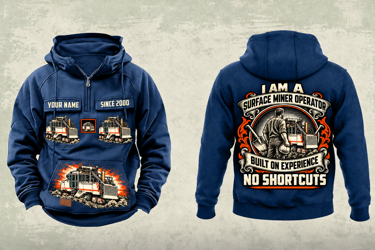 Personalized 2200 SM Surface Miner Vintage Hoodie in dark-blue, front and back artwork with YOUR NAME and SINCE 2000 sample text.