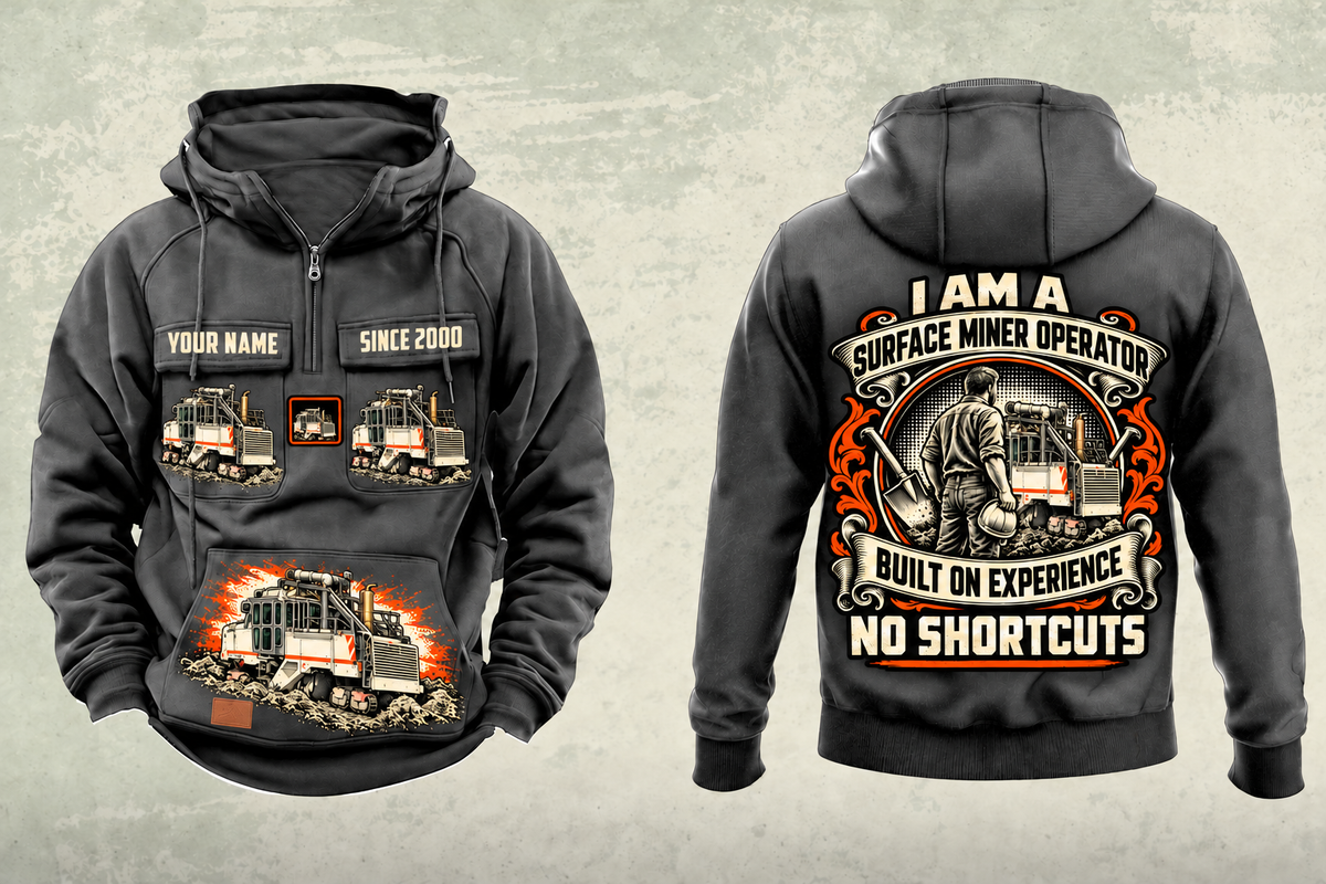 Personalized 2200 SM Surface Miner Vintage Hoodie in dark-gray, front and back artwork with YOUR NAME and SINCE 2000 sample text.