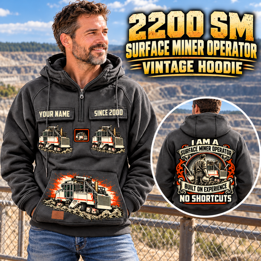 Personalized 2200 SM Surface Miner Vintage Hoodie in Dark Gray, front and back artwork with YOUR NAME and SINCE 2000 sample text.
