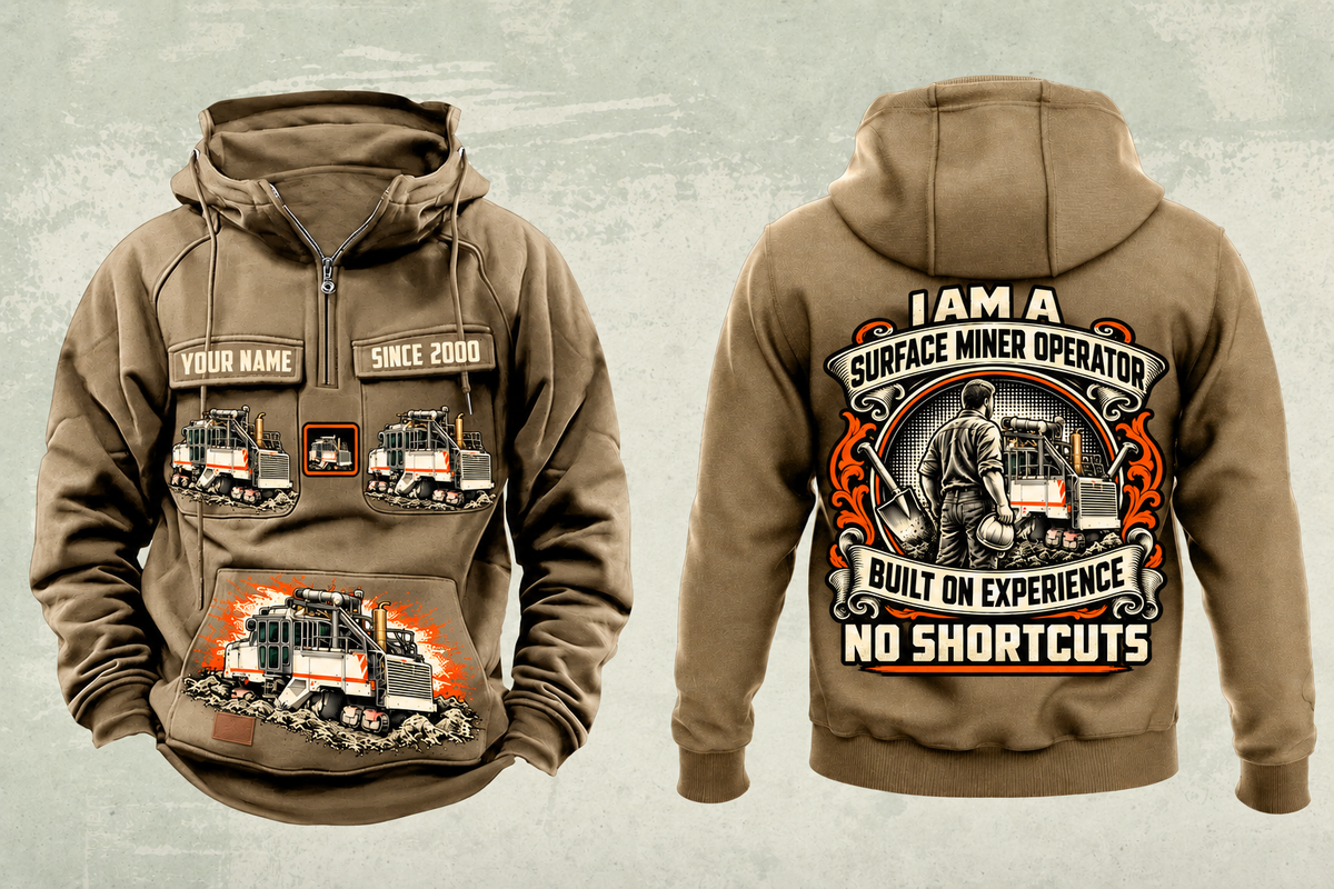 Personalized 2200 SM Surface Miner Vintage Hoodie in kaki, front and back artwork with YOUR NAME and SINCE 2000 sample text.