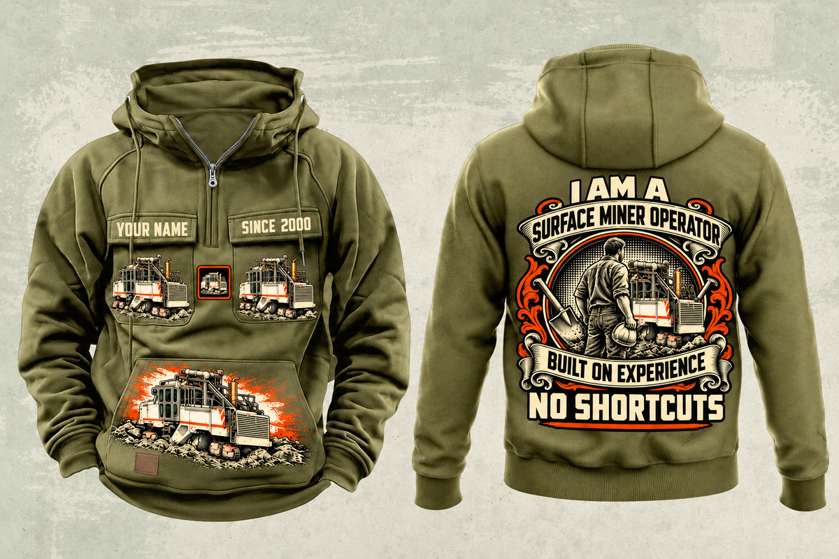 Personalized 2200 SM Surface Miner Vintage Hoodie in military-green, front and back artwork with YOUR NAME and SINCE 2000 sample text.