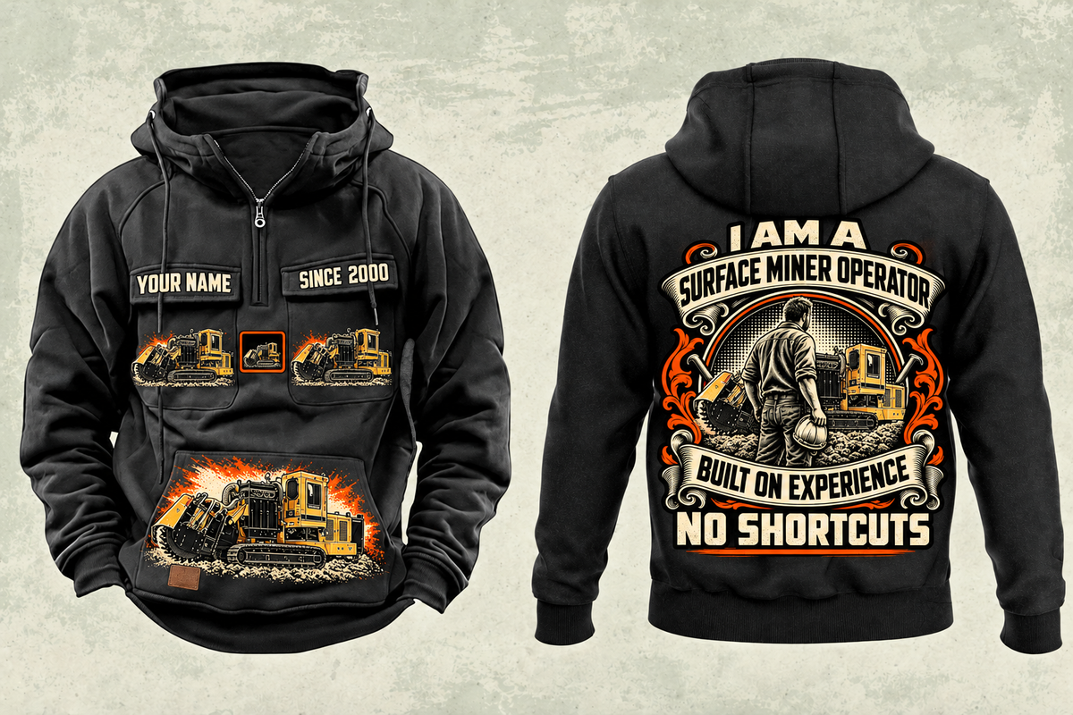 Personalized T1255III Chain Drive Terrain Leveler Surface Miner Vintage Hoodie in black, front and back artwork with YOUR NAME and SINCE 2000 sample text.
