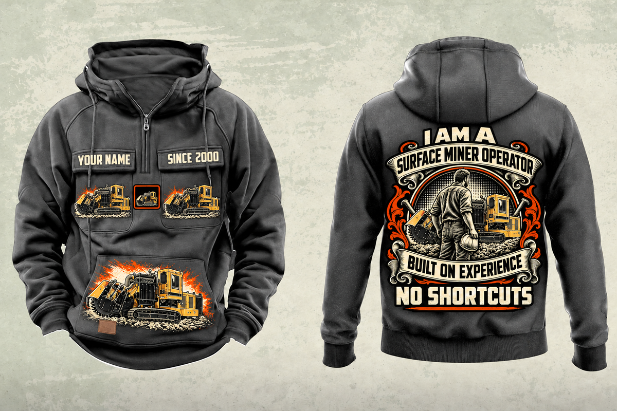 Personalized T1255III Chain Drive Terrain Leveler Surface Miner Vintage Hoodie in dark-gray, front and back artwork with YOUR NAME and SINCE 2000 sample text.