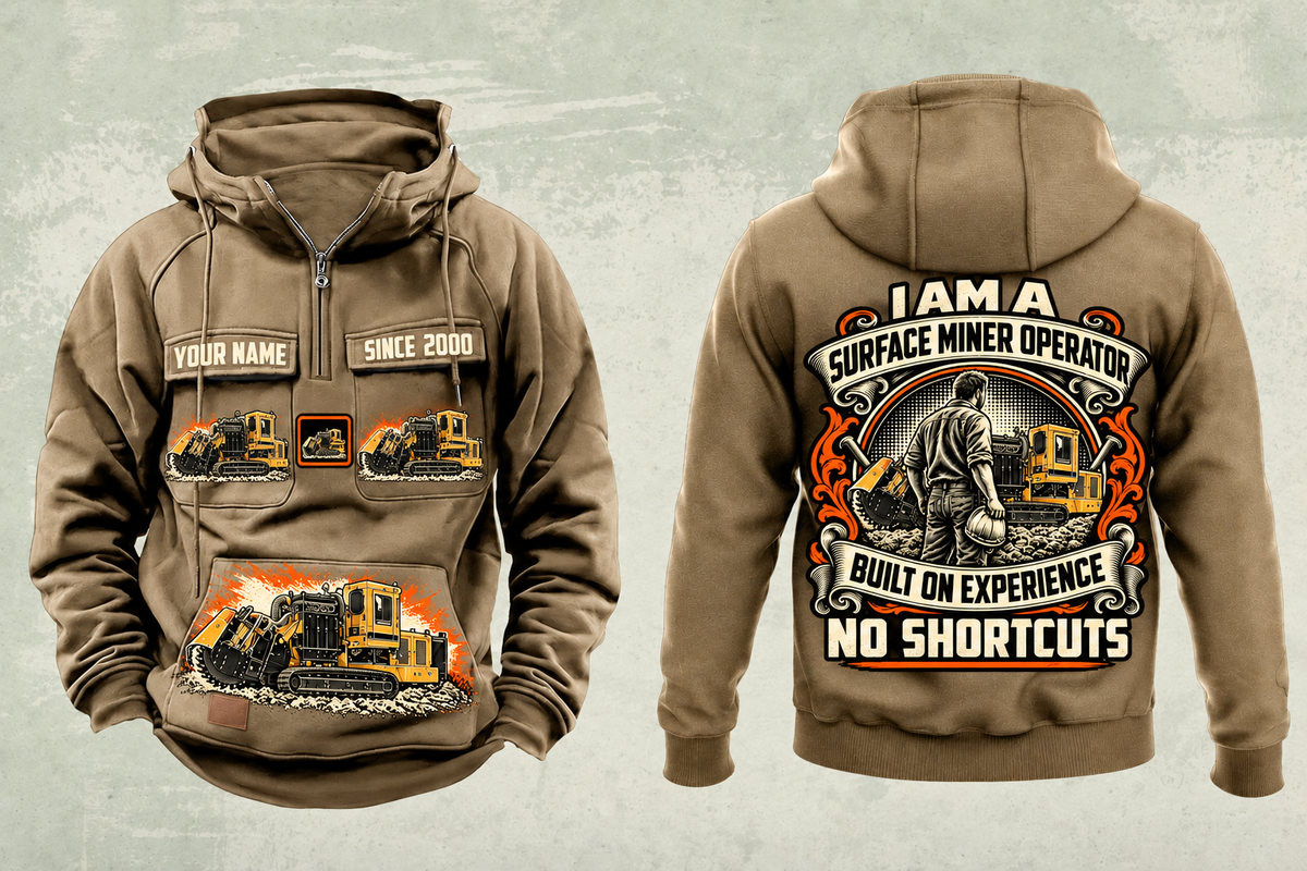Personalized T1255III Chain Drive Terrain Leveler Surface Miner Vintage Hoodie in kaki, front and back artwork with YOUR NAME and SINCE 2000 sample text.