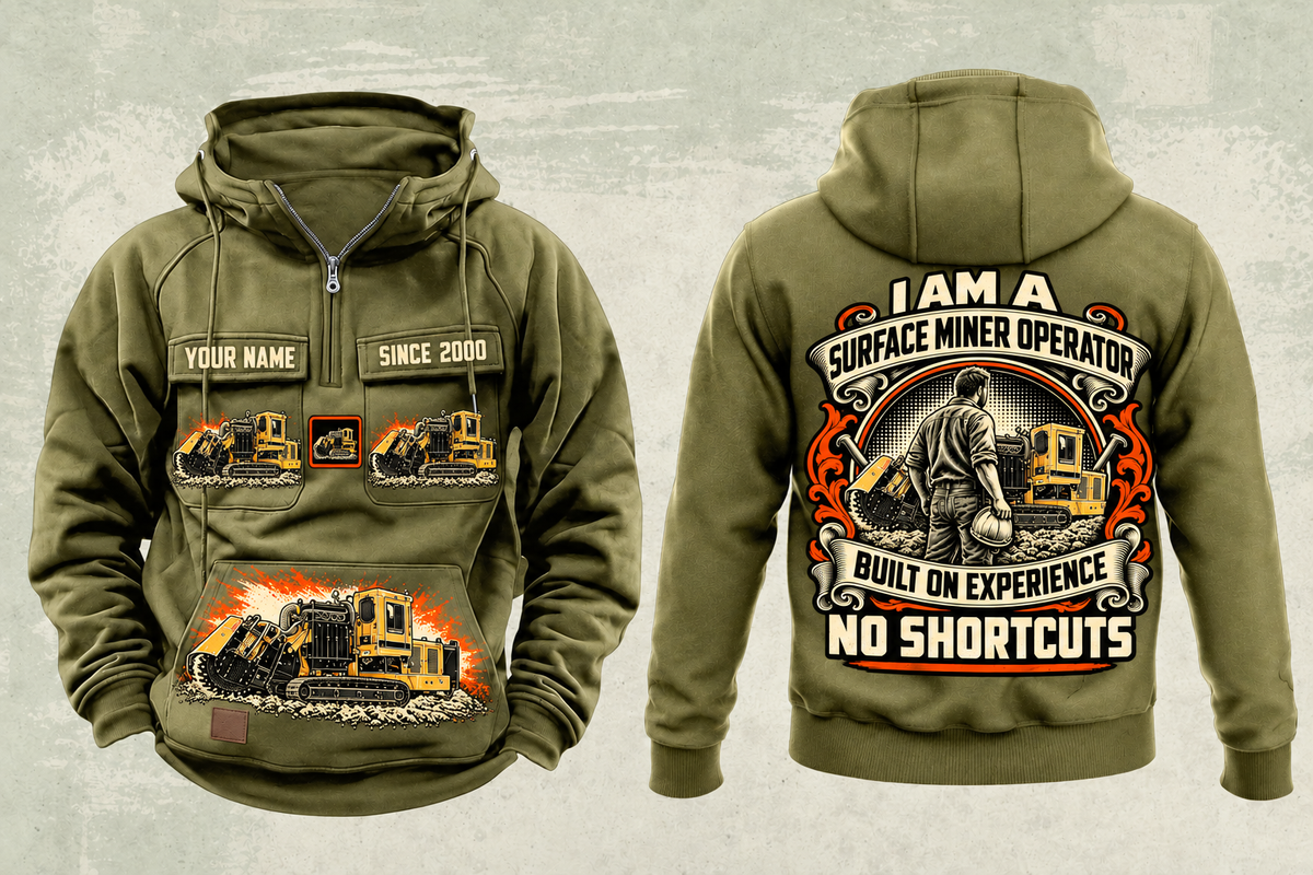 Personalized T1255III Chain Drive Terrain Leveler Surface Miner Vintage Hoodie in military-green, front and back artwork with YOUR NAME and SINCE 2000 sample text.