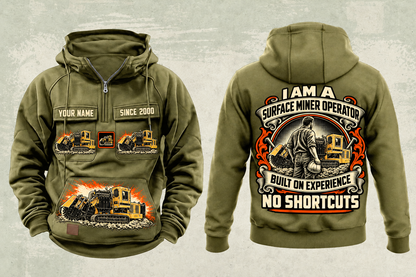 Personalized T1255III Chain Drive Terrain Leveler Surface Miner Vintage Hoodie in military-green, front and back artwork with YOUR NAME and SINCE 2000 sample text.