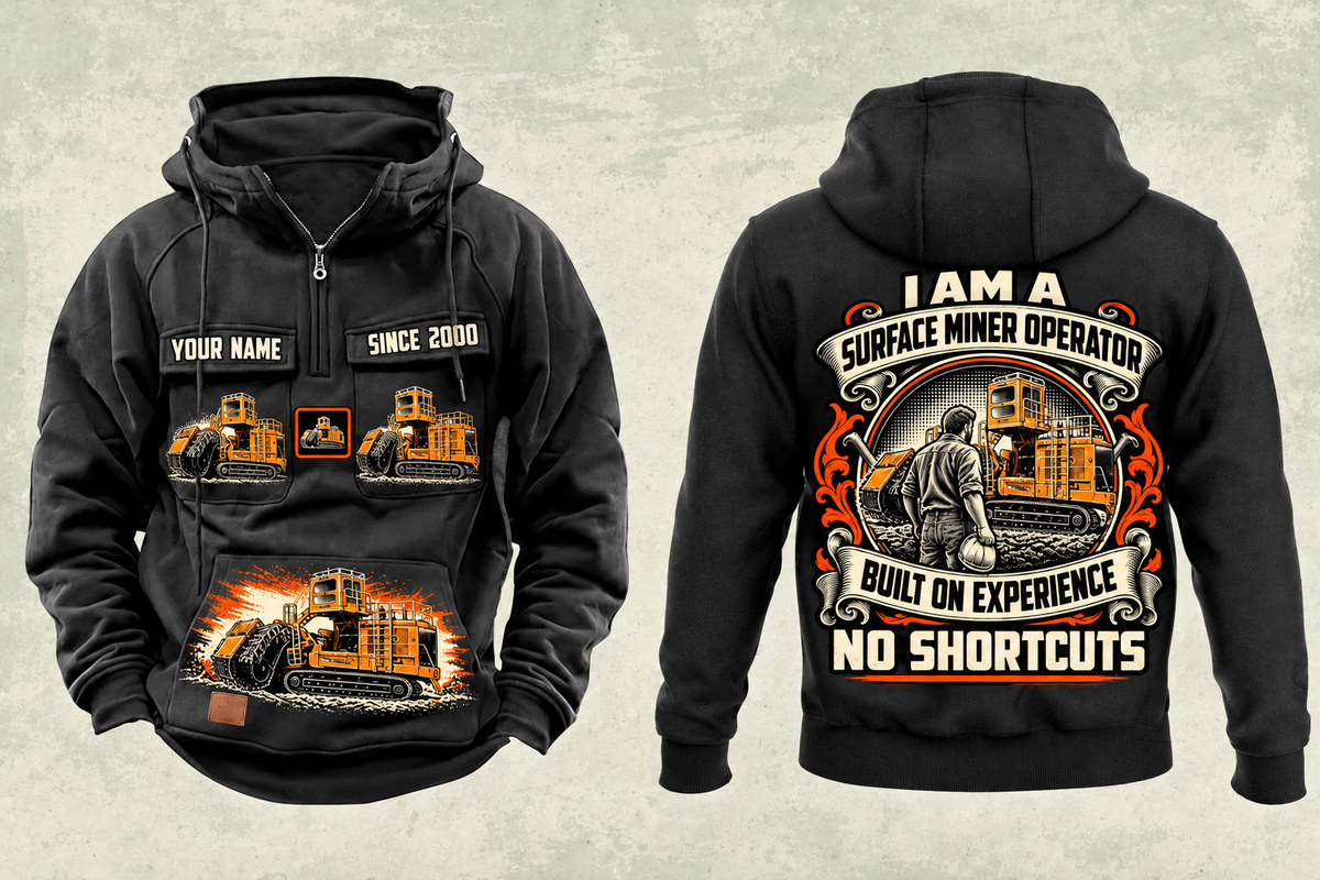 Personalized T1655III Terrain Leveler Surface Miner Vintage Hoodie in black, front and back artwork with YOUR NAME and SINCE 2000 sample text.