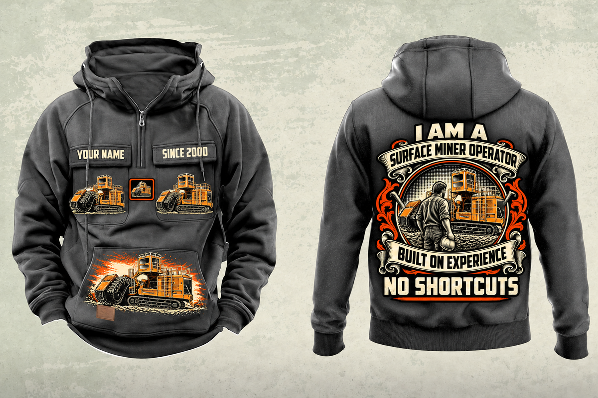 Personalized T1655III Terrain Leveler Surface Miner Vintage Hoodie in dark-gray, front and back artwork with YOUR NAME and SINCE 2000 sample text.
