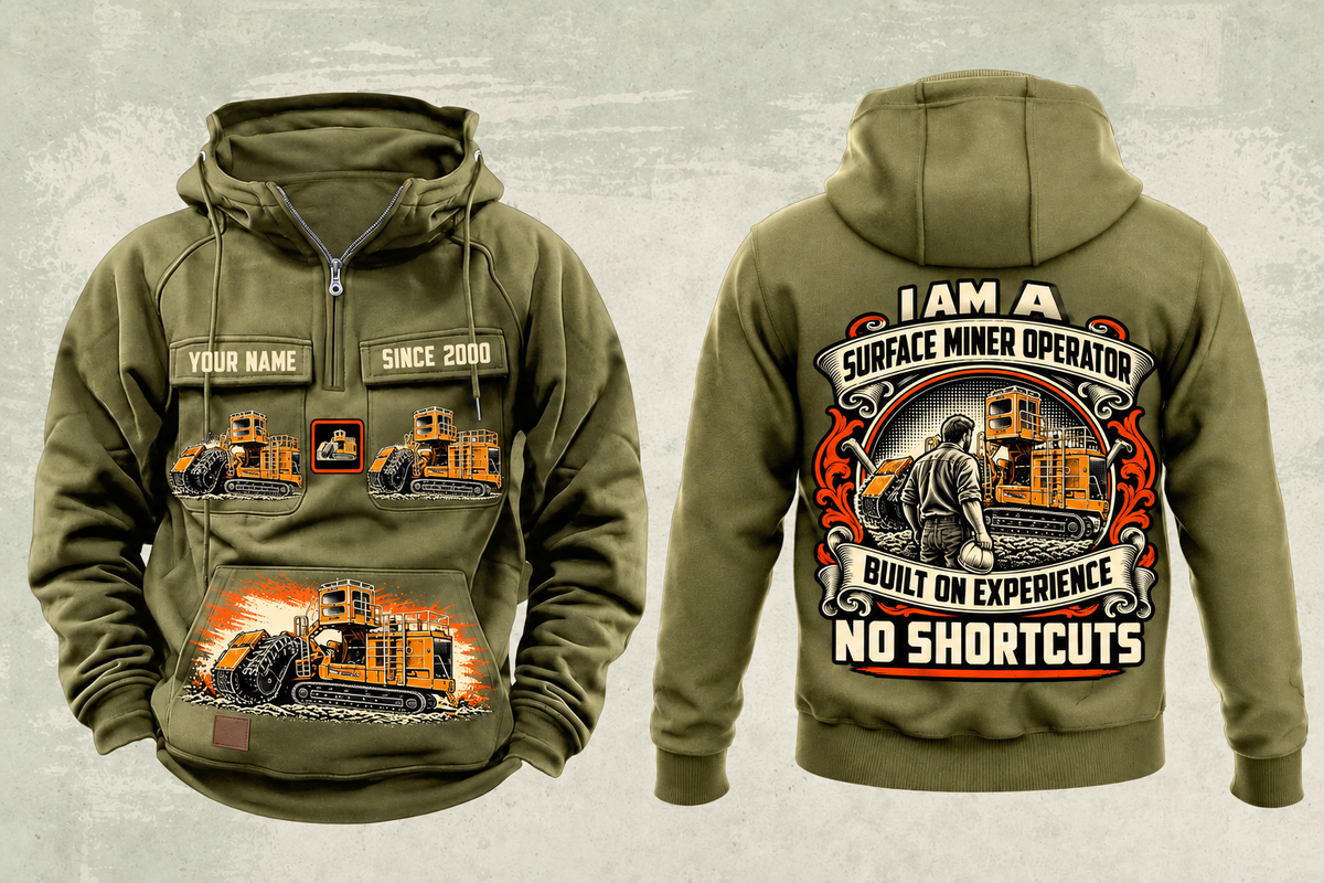 Personalized T1655III Terrain Leveler Surface Miner Vintage Hoodie in military-green, front and back artwork with YOUR NAME and SINCE 2000 sample text.