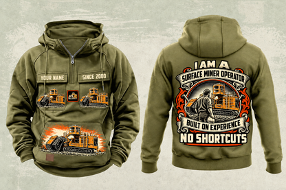 Personalized T1655III Terrain Leveler Surface Miner Vintage Hoodie in military-green, front and back artwork with YOUR NAME and SINCE 2000 sample text.