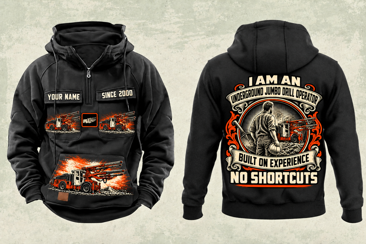 Personalized DD422i Underground Jumbo Drill Operator Vintage Hoodie in black, front and back artwork with YOUR NAME and SINCE 2000 sample text.