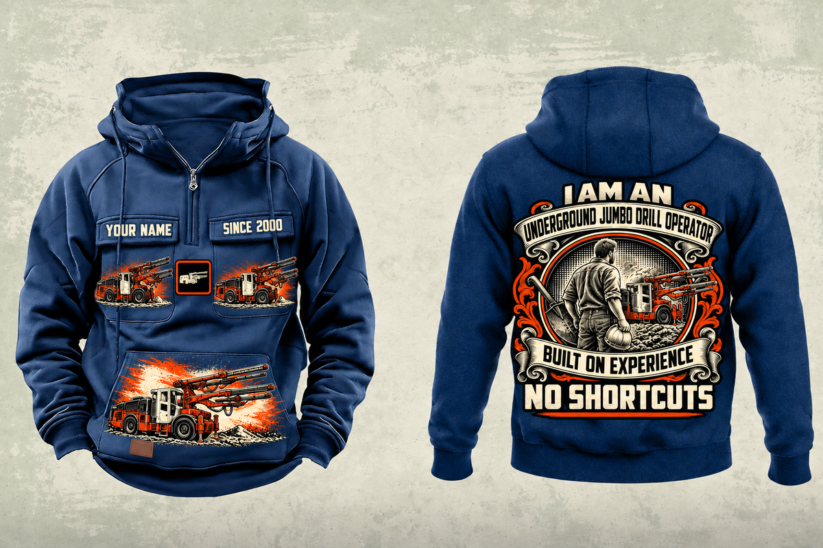 Personalized DD422i Underground Jumbo Drill Operator Vintage Hoodie in dark-blue, front and back artwork with YOUR NAME and SINCE 2000 sample text.