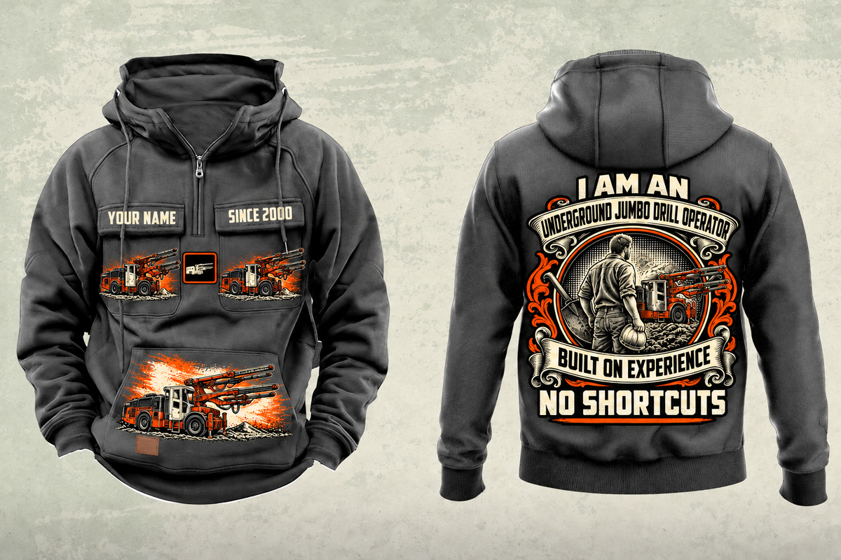 Personalized DD422i Underground Jumbo Drill Operator Vintage Hoodie in dark-gray, front and back artwork with YOUR NAME and SINCE 2000 sample text.
