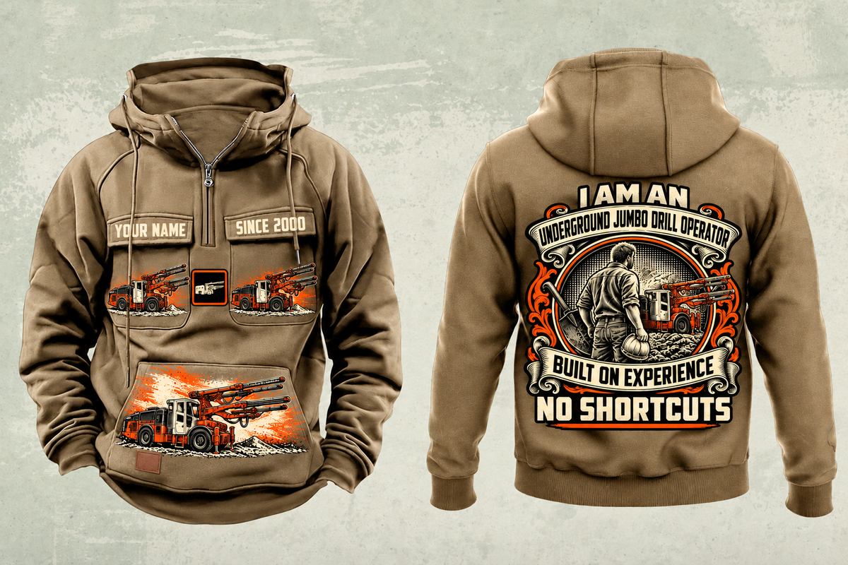 Personalized DD422i Underground Jumbo Drill Operator Vintage Hoodie in kaki, front and back artwork with YOUR NAME and SINCE 2000 sample text.