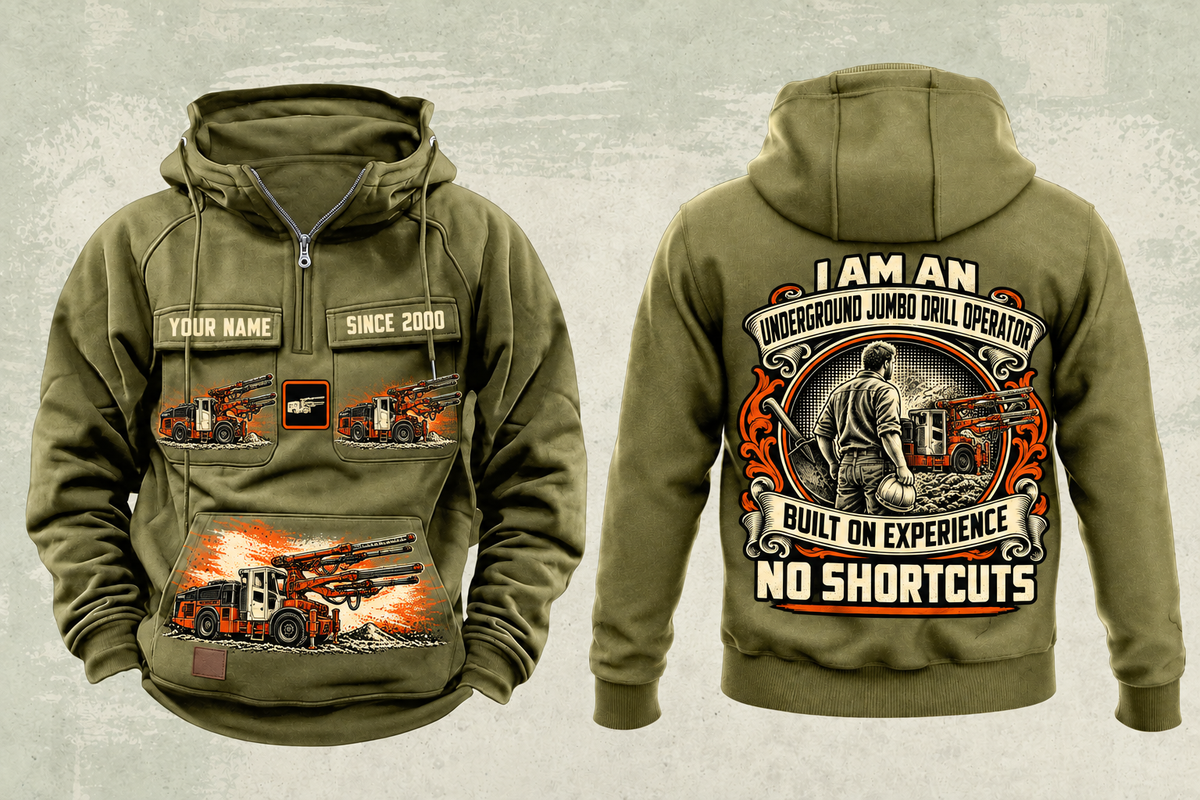 Personalized DD422i Underground Jumbo Drill Operator Vintage Hoodie in military-green, front and back artwork with YOUR NAME and SINCE 2000 sample text.