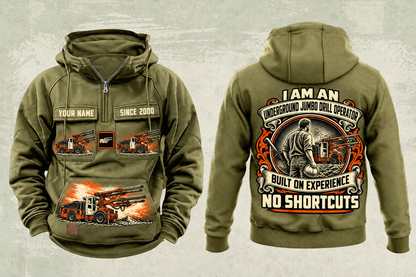 Personalized DD422i Underground Jumbo Drill Operator Vintage Hoodie in military-green, front and back artwork with YOUR NAME and SINCE 2000 sample text.