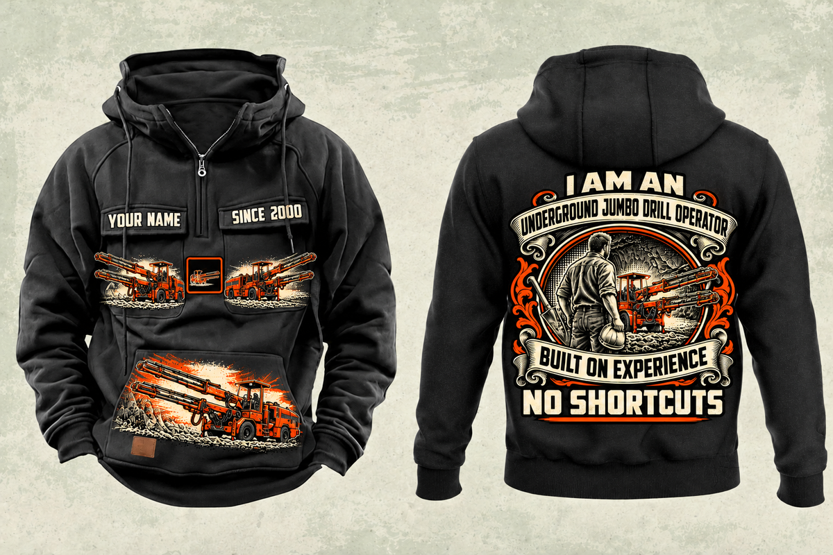 Personalized DD321 Underground Jumbo Drill Operator Vintage Hoodie in black, front and back artwork with YOUR NAME and SINCE 2000 sample text.