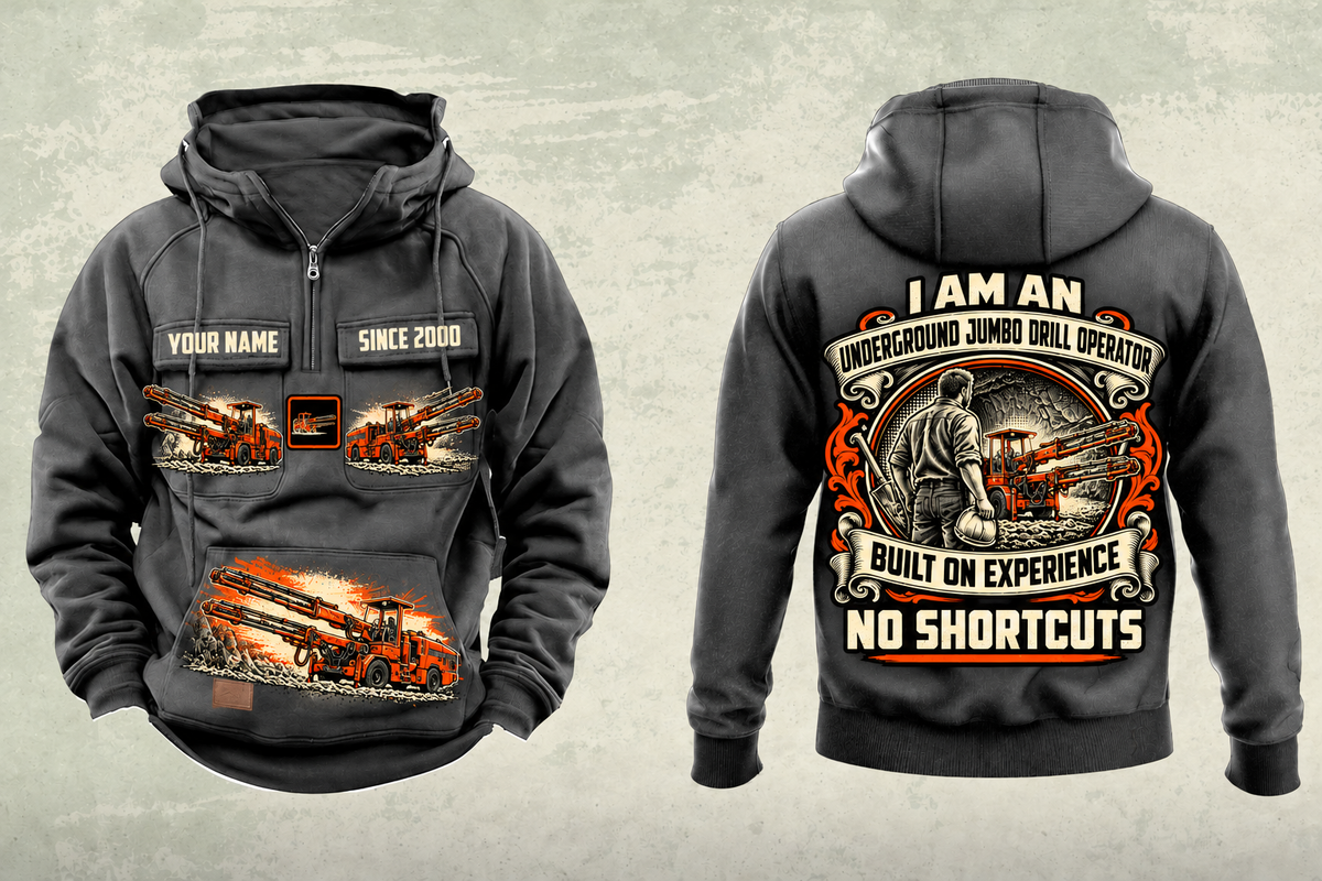 Personalized DD321 Underground Jumbo Drill Operator Vintage Hoodie in dark-gray, front and back artwork with YOUR NAME and SINCE 2000 sample text.