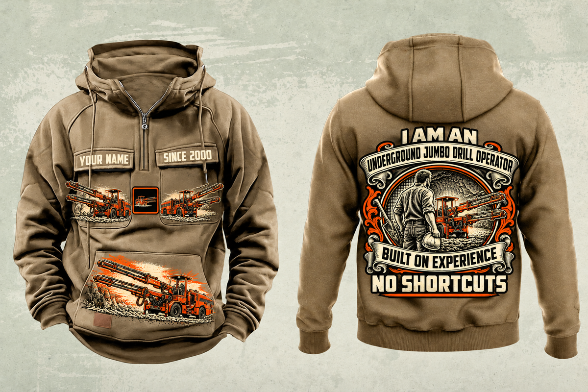 Personalized DD321 Underground Jumbo Drill Operator Vintage Hoodie in kaki, front and back artwork with YOUR NAME and SINCE 2000 sample text.