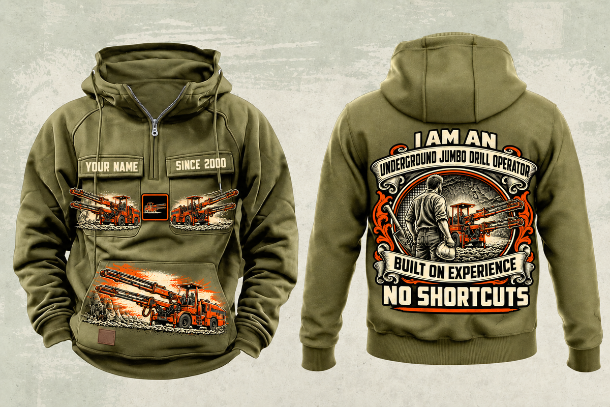 Personalized DD321 Underground Jumbo Drill Operator Vintage Hoodie in military-green, front and back artwork with YOUR NAME and SINCE 2000 sample text.