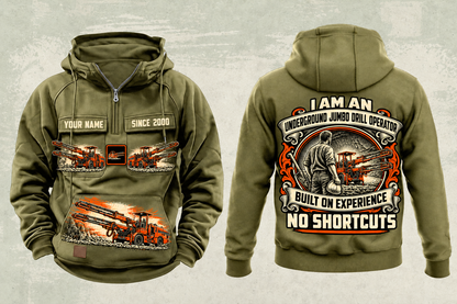 Personalized DD321 Underground Jumbo Drill Operator Vintage Hoodie in military-green, front and back artwork with YOUR NAME and SINCE 2000 sample text.