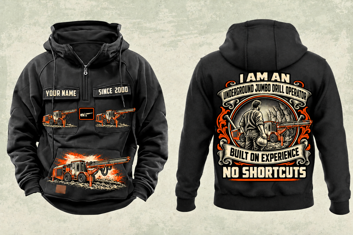 Personalized DD311 Underground Jumbo Drill Operator Vintage Hoodie in black, front and back artwork with YOUR NAME and SINCE 2000 sample text.
