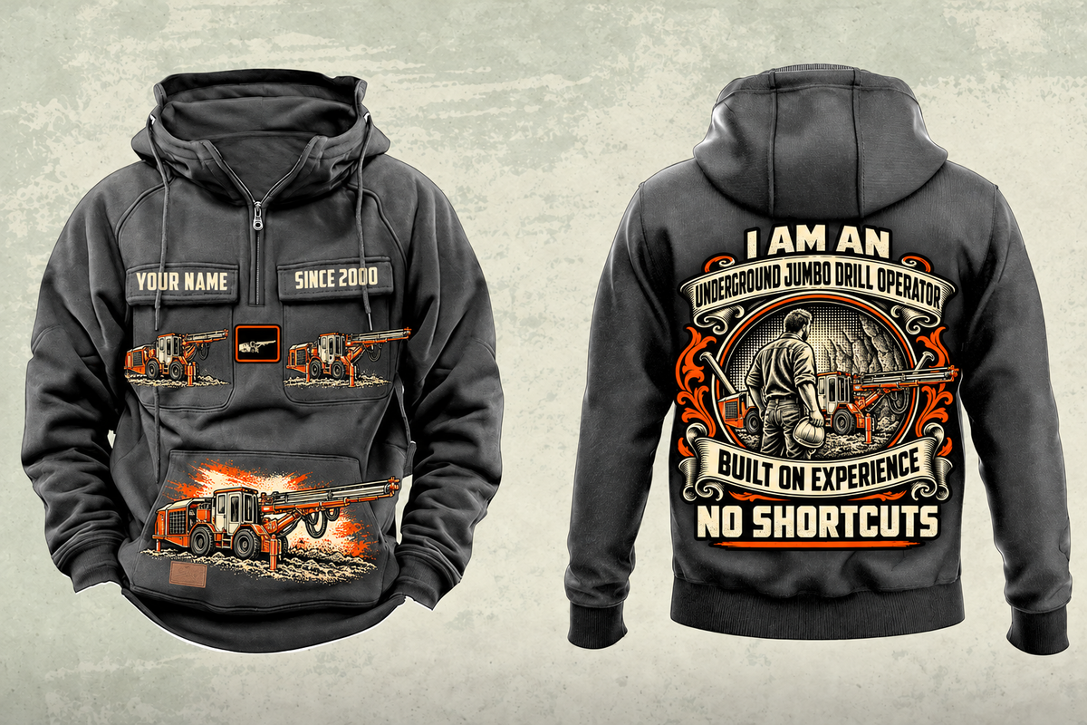 Personalized DD311 Underground Jumbo Drill Operator Vintage Hoodie in dark-gray, front and back artwork with YOUR NAME and SINCE 2000 sample text.