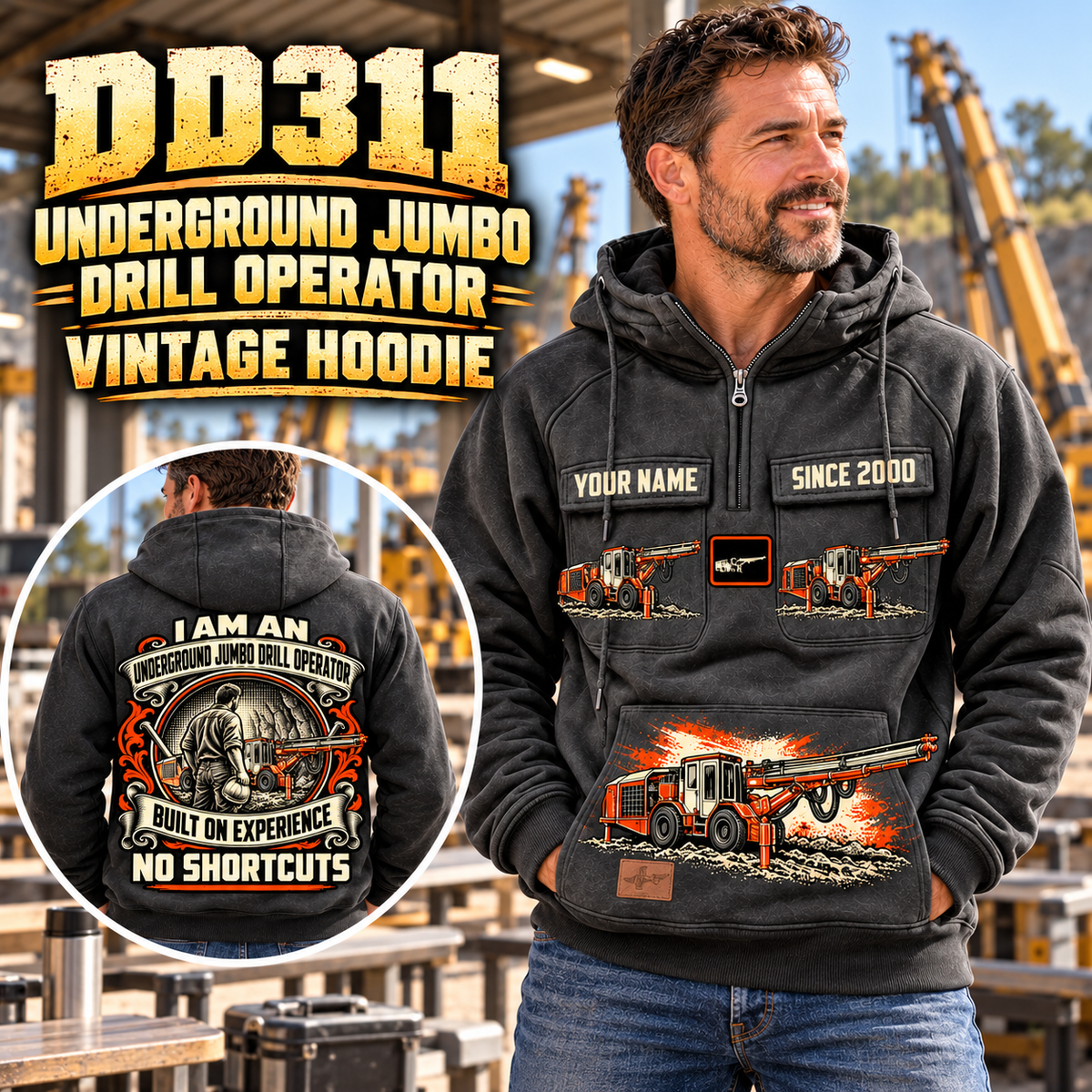 Personalized DD311 Underground Jumbo Drill Operator Vintage Hoodie in Dark Gray, front and back artwork with YOUR NAME and SINCE 2000 sample text.