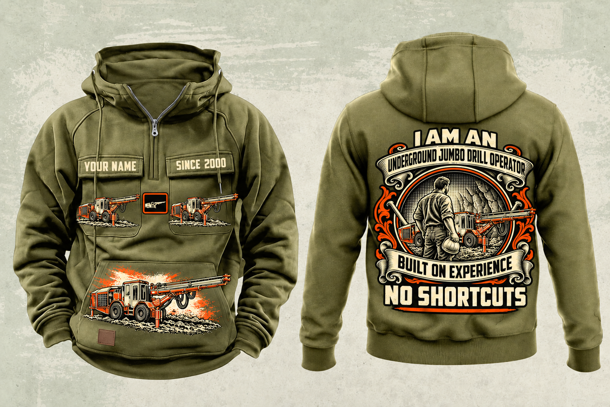 Personalized DD311 Underground Jumbo Drill Operator Vintage Hoodie in military-green, front and back artwork with YOUR NAME and SINCE 2000 sample text.