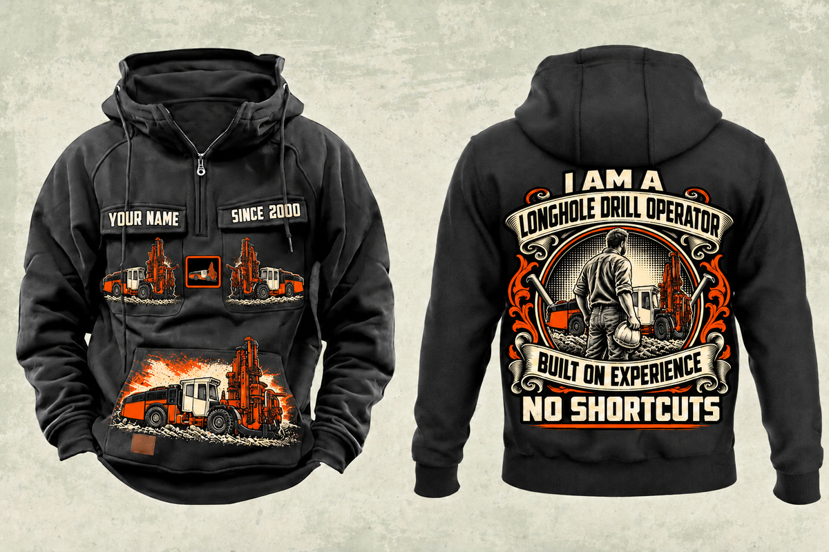 Personalized DL422i Longhole Drill Operator Vintage Hoodie in black, front and back artwork with YOUR NAME and SINCE 2000 sample text.