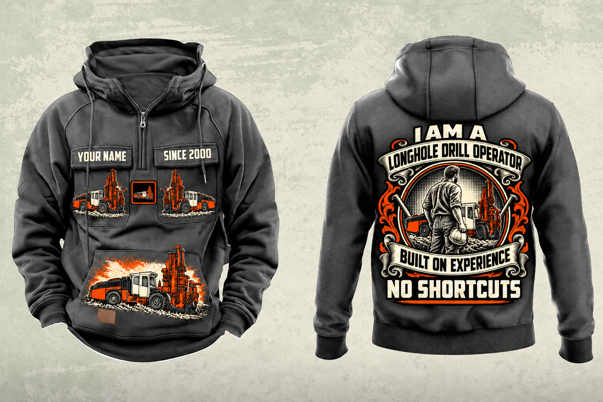 Personalized DL422i Longhole Drill Operator Vintage Hoodie in dark-gray, front and back artwork with YOUR NAME and SINCE 2000 sample text.