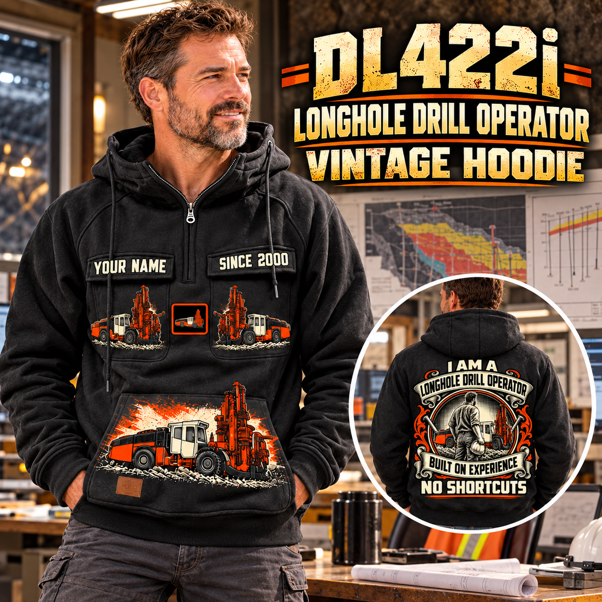 Personalized DL422i Longhole Drill Operator Vintage Hoodie in Black, front and back artwork with YOUR NAME and SINCE 2000 sample text.