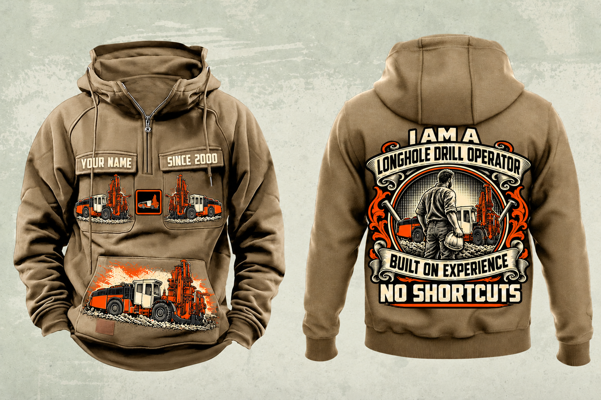 Personalized DL422i Longhole Drill Operator Vintage Hoodie in kaki, front and back artwork with YOUR NAME and SINCE 2000 sample text.
