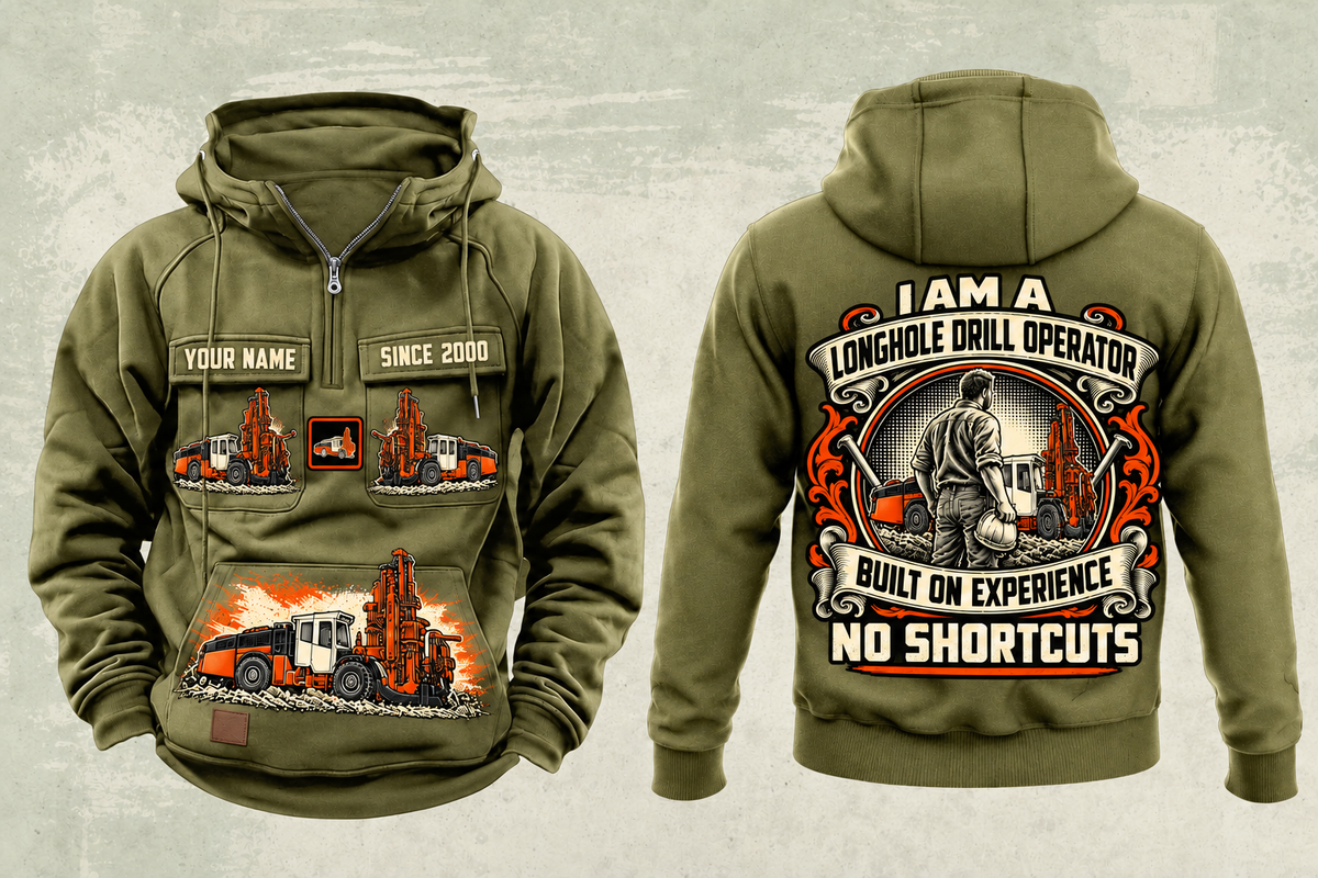 Personalized DL422i Longhole Drill Operator Vintage Hoodie in military-green, front and back artwork with YOUR NAME and SINCE 2000 sample text.
