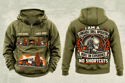 Personalized DL422i Longhole Drill Operator Vintage Hoodie in military-green, front and back artwork with YOUR NAME and SINCE 2000 sample text.