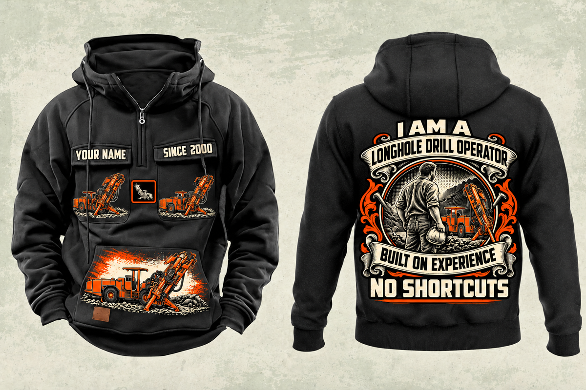 Personalized DL311 Longhole Drill Operator Vintage Hoodie in black, front and back artwork with YOUR NAME and SINCE 2000 sample text.