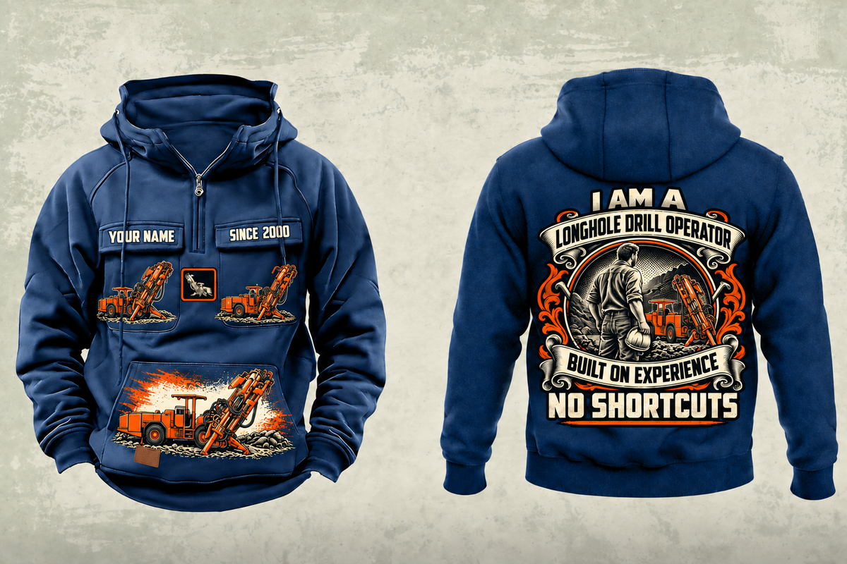 Personalized DL311 Longhole Drill Operator Vintage Hoodie in dark-blue, front and back artwork with YOUR NAME and SINCE 2000 sample text.