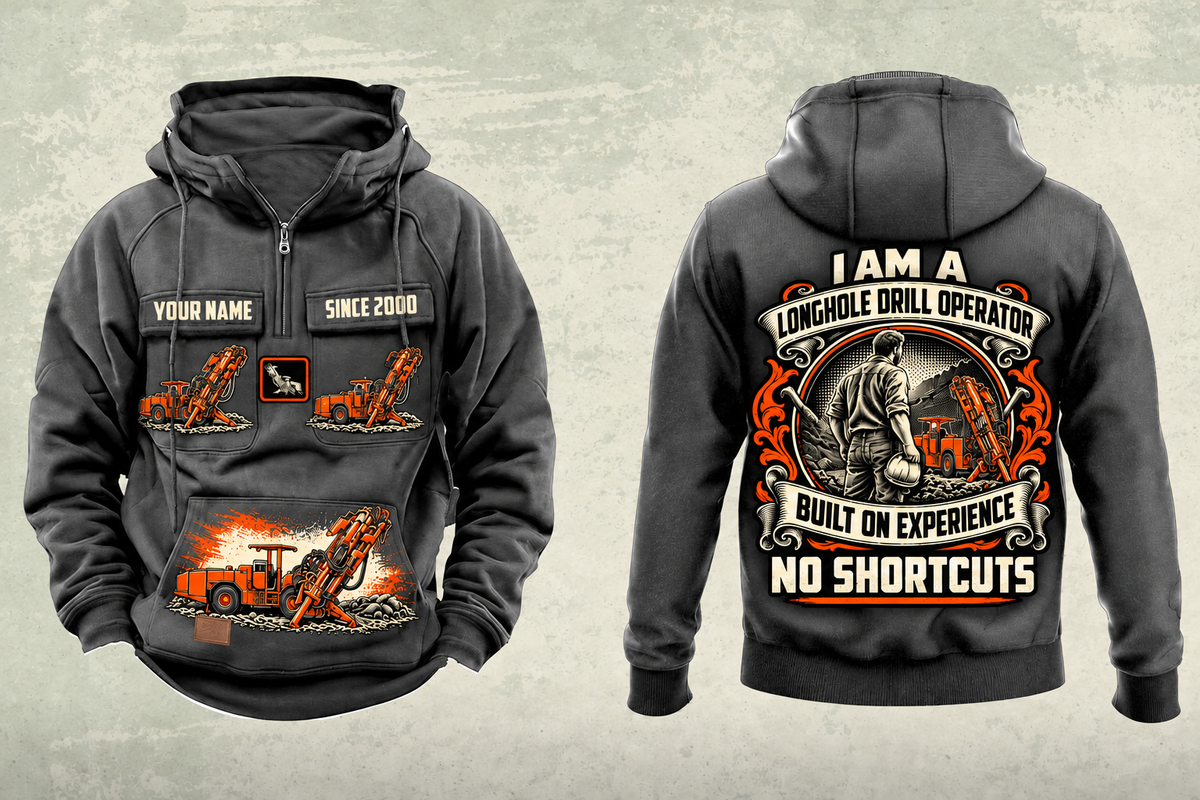 Personalized DL311 Longhole Drill Operator Vintage Hoodie in dark-gray, front and back artwork with YOUR NAME and SINCE 2000 sample text.